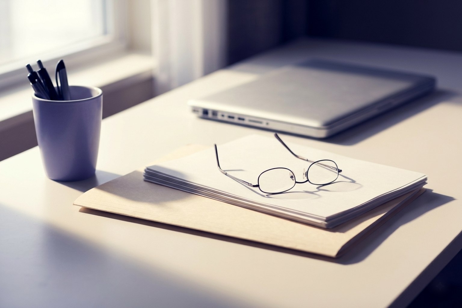 A closed folder, a stack of papers and reading glasses on a hotel back-office desk