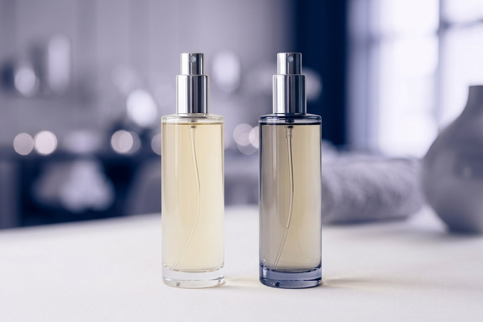 Two identical room-spray bottles side by side, one lit brightly and one in shadow